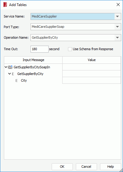 Add Tables dialog - web service connection