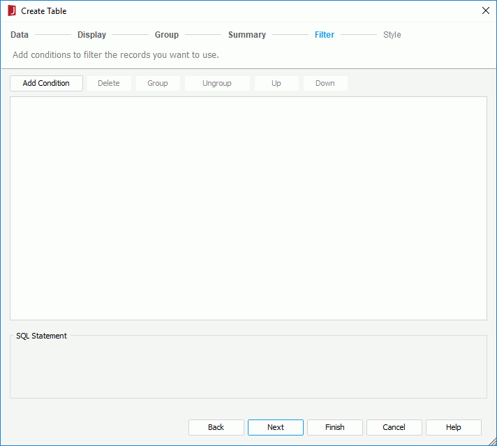 Create Table wizard - Fliter