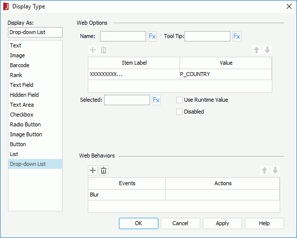 Display Type dialog - Drop-down List