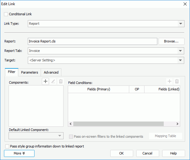 Edit Link dialog for Report