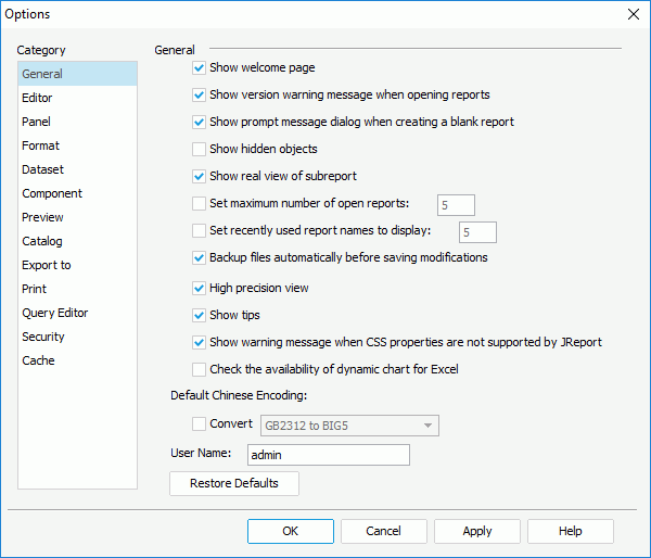 Options dialog - General category