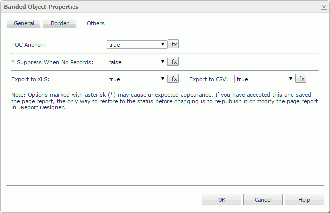 Banded Object Properties dialog - Others tab