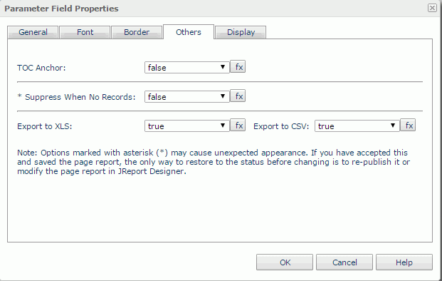 Parameter Field Properties dialog - Others tab