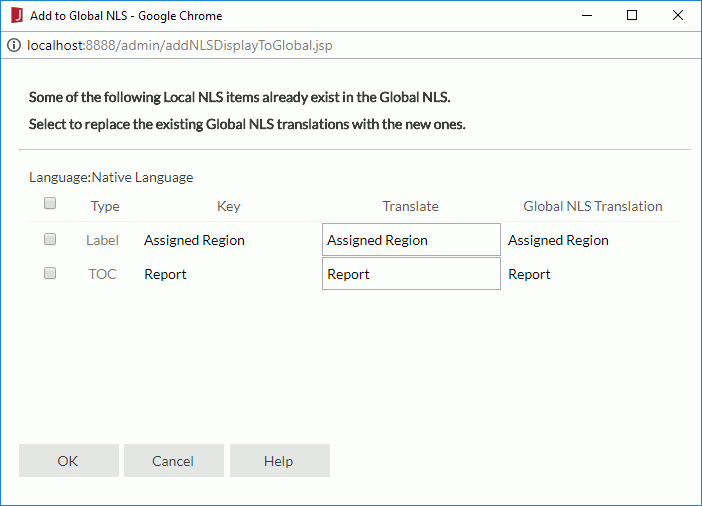 Add to Global NLS dialog - Display