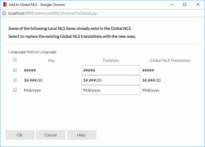 Add to Global NLS dialog - Format