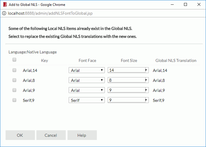Add to Global NLS dialog - Font