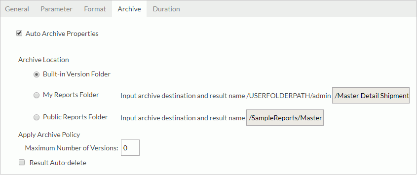 Advanced Run dialog - Archive tab