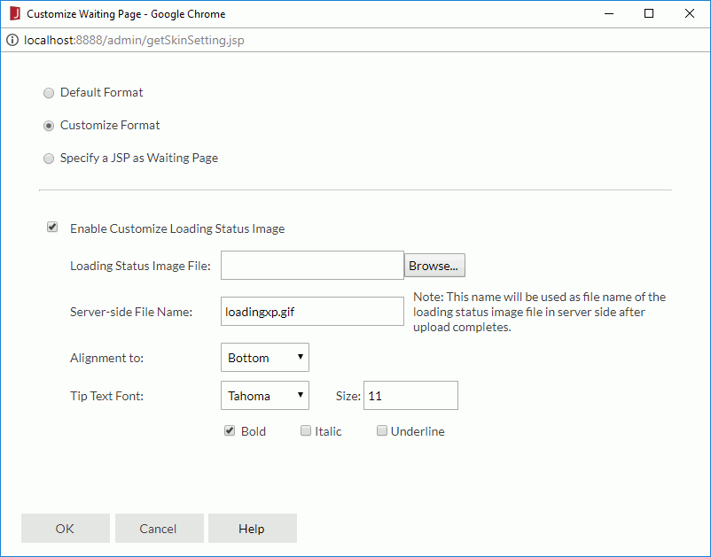 Customize Waiting Page dialog