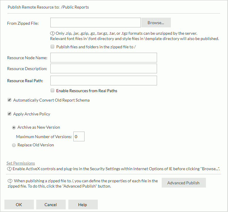 Publish to Remote Server dialog