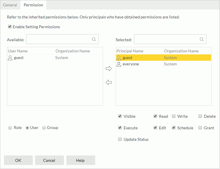 Analysis Template Properties dialog - Permission tab