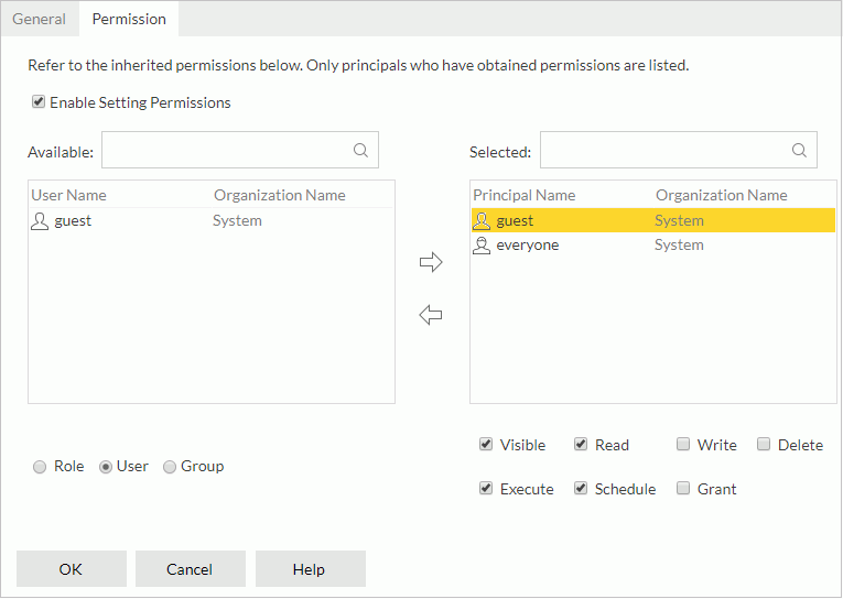 Catalog Properties dialog - Permission tab
