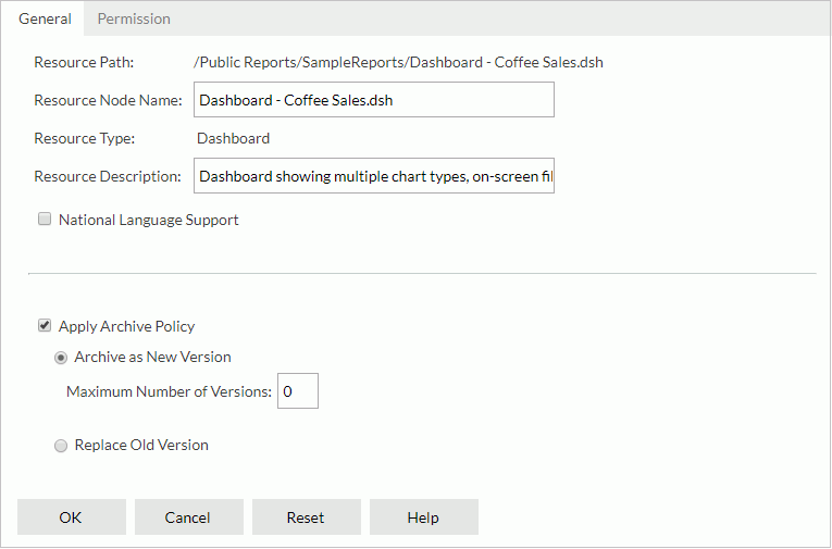 Dashboard Properties dialog - General tab
