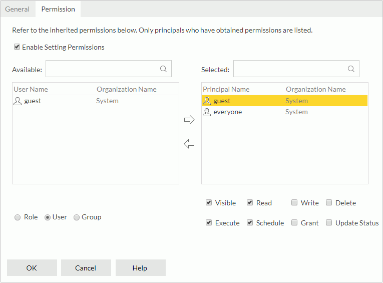 Multiple Type Properties dialog - Permission tab