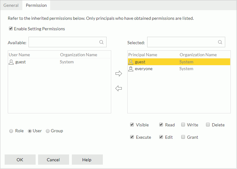 Result Properties dialog - Permission tab
