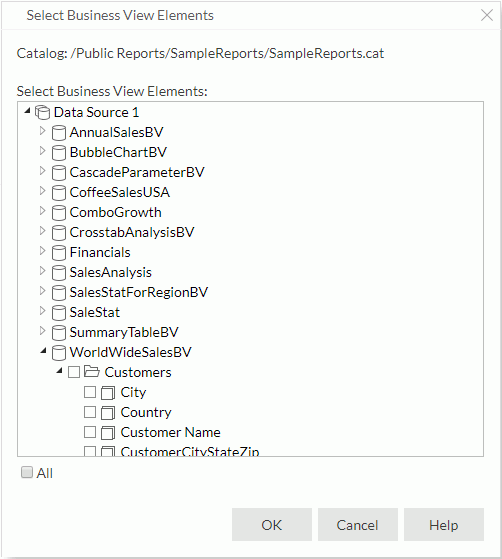 Select Business View Elements dialog