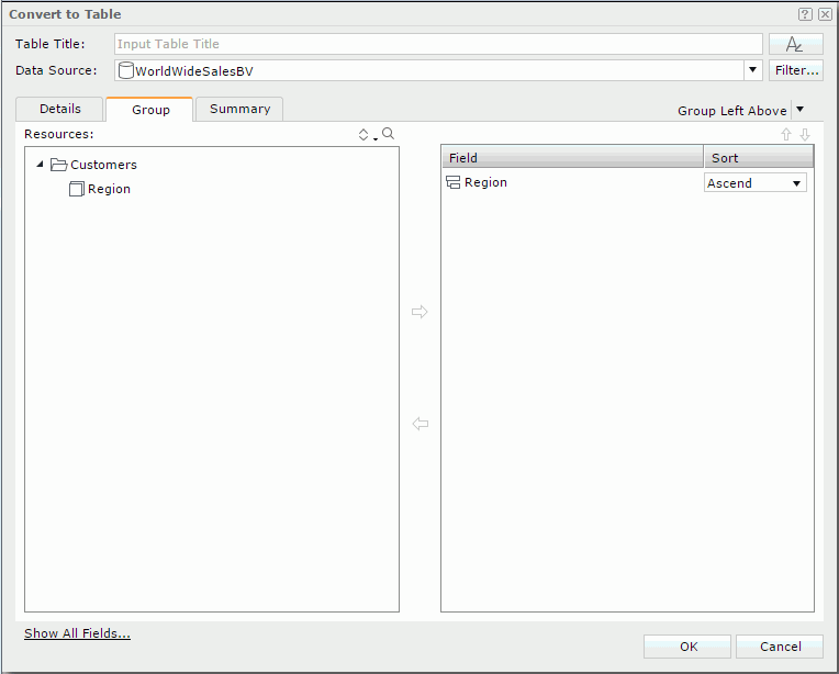 Convert To Table dialog - Group tab